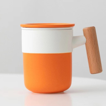 Orange white two-color ceramic wooden handle tea water separation office personal coffee tea mugs